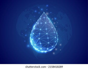 El símbolo de polos bajos en 3d con fondo de mapa del mundo azul. Ilustración de diseño de concepto de droplet. Símbolo poligonal de caída de aceite con puntos conectados