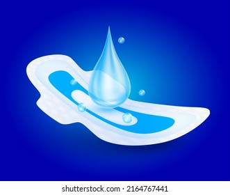 Water Drop, Air Bubble On Sanitary Pad Napkin With Wings For Feminine Hygiene Menstruation Of Absorbent Pad For Women. Hygroscopic Offering Soft Comfort. Vector Realistic 3D. For Advertising Diapers.