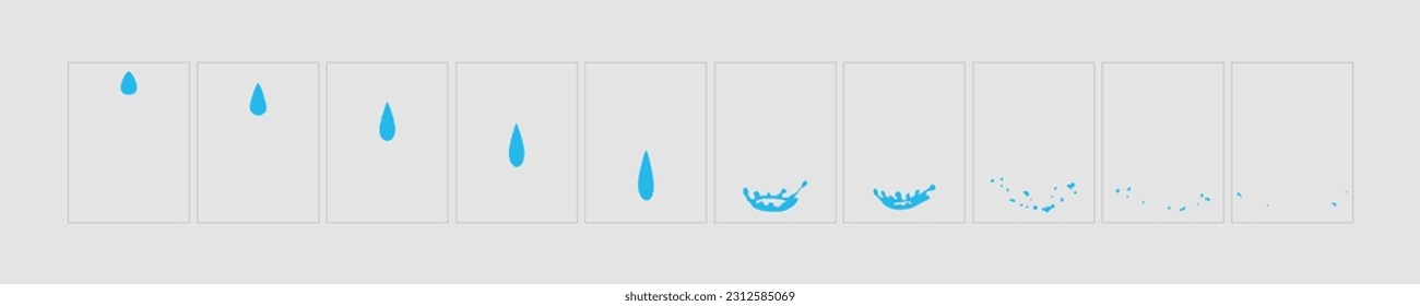 Water drop animation. Water drooping sprite sheet fx for game 2d cartoon, video. Raindrop classic animation frame.