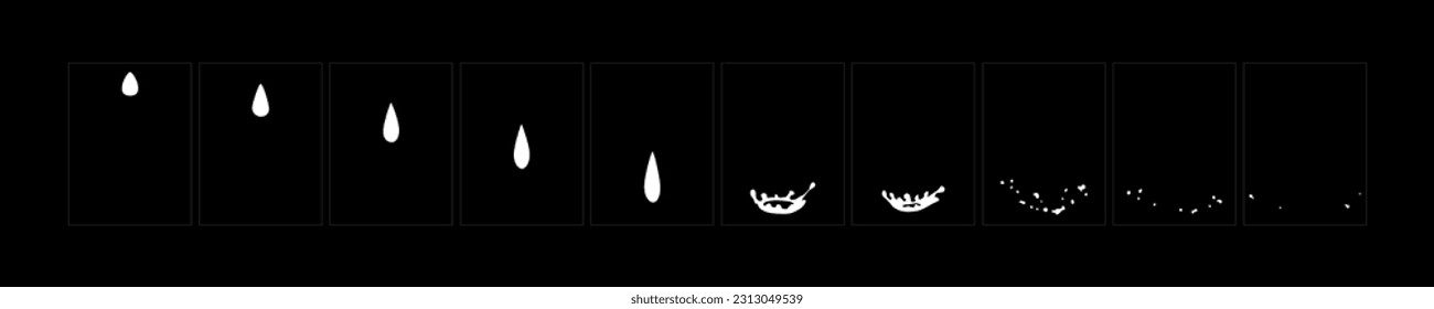 Water drop animation. Water drooping sprite sheet fx for game 2d cartoon, video. Raindrop classic animation frame.