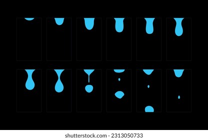 Water drop animation. Water drooping sprite sheet fx for game 2d cartoon, video. Raindrop classic animation frame.