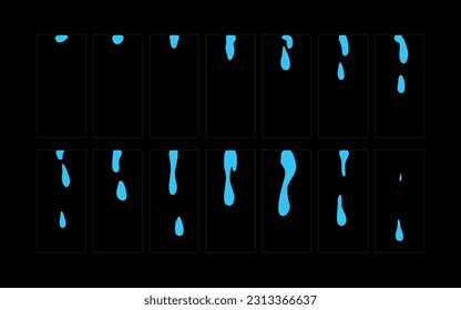 Water drop animation. Water drooping sprite sheet fx for game 2d cartoon, video. Raindrop classic animation frame.