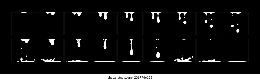 Water drop animation. Water drooping sprite sheet fx for game 2d cartoon, video. Raindrop classic animation frame.