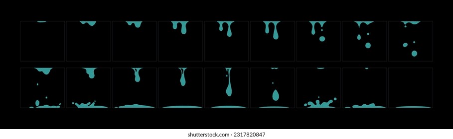 Water drop animation. Water drooping sprite sheet fx for game 2d cartoon, video. Raindrop classic animation frame.