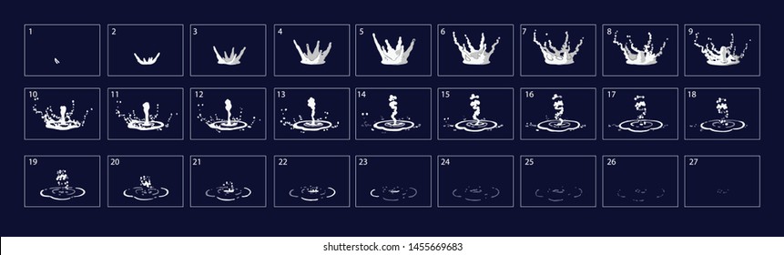 Water Drop Animation. Water Sprite Sheet For Game Or Cartoon Or Animation.Rain Drop 2d Classic Animation. Water Splash And Water Flow Effect. – Vector