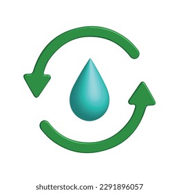 El agua cae con flechas alrededor. Recursos naturales renovables, reciclaje del agua, concepto de ecología. Icono vectorial 3d. Dibujo de estilo mínimo.