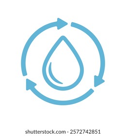 Water drop and arrows graphic icon. Renewable natural resource and water recycling symbol. Vector illustration