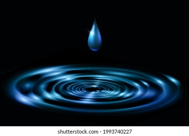 Water Drop background isolated on black background. Realistic blue splash water waves surface from drop. Vector circle ripple, liquid shampoo or gel swirl round texture template. EPS10 