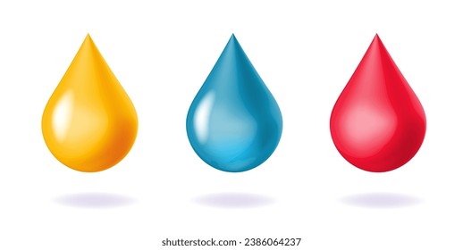 Water drop blue 3d icon vector graphic, golden yellow and blood red droplet isolated symbol realistic illustration set clipart image, honey oil or cream lotion liquid drip glossy design