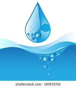Water drop and blue wave on white background