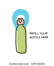 Water Drop And Bottle Doodle Vector Icon With Location Symbol Represent Bottle Refill Point