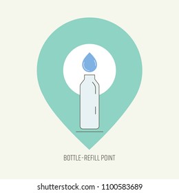 Water drop and bottle outline icon on location symbol represent bottle-refill point. Vector illustration.