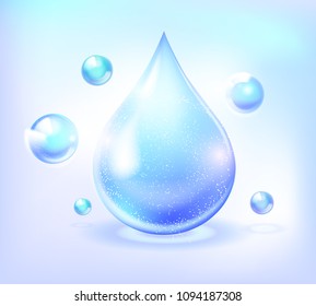 Water drop and bubbles shining icon. Nature.Elegant and stylish Background. Shining blue substance drop. Vector illustration.
