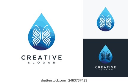 Water drop and butterfly logo design template. Butterfly water logo design inspiration	