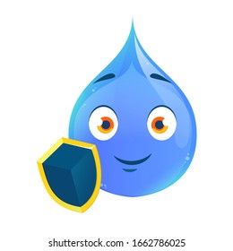 personaje de dibujos animados sobre una gota de agua y un escudo como símbolo de protección de la salud