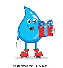 Water Drop Cartoon Mascot Character Holding Wrapped Gift Boxes Decorated with Blue Ribbon Bow.