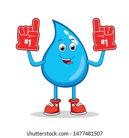 Water Drop Cartoon Mascot Character With The Number 1 One Sports Fan Hand Gloves.