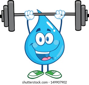 Water Drop Cartoon Mascot Character Lifting Weights