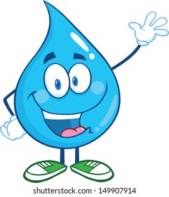 Water Drop Cartoon Mascot Character Waving For Greeting