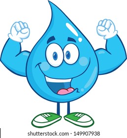 Water Drop Cartoon Mascot Character Showing Muscle Arms