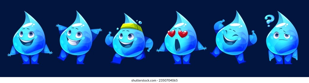 El personaje de la mascota de la gota de agua, cara feliz, lindo conjunto de iconos vectoriales. sonrisa raindrop comic expresión con deporte, emoción, amor y pregunta emoción clipart. Emoticono infantil de héroe de burbuja