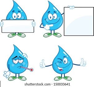 Water Drop Cartoon Mascot Characters. Set Vector Collection 6