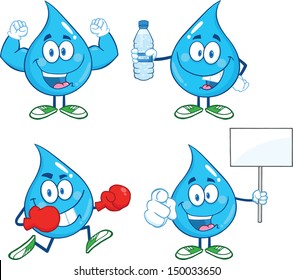 Water Drop Cartoon Mascot Characters. Set Vector Collection 4