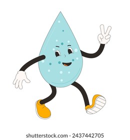 Water drop cartoon mascot. Drink rubber hose animation style groovy character show victory sign. Drink more water. Ecologic and wellness vector flat illustration isolated on white background.