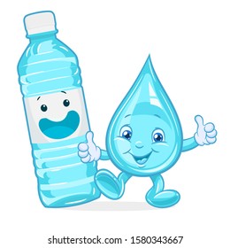 Water drop character with water bottle and showing thumb up