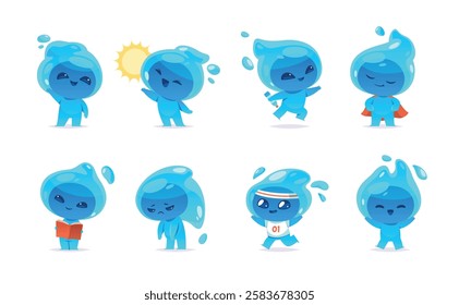 Water drop character. Cartoon funny liquid mascot, different poses, actions and emotions, cute raindrop icon, healthy life, funny beverage talisman, cold pure drink. Tidy vector isolated set