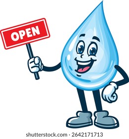 Water drop character cartoon holding an open sign