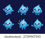 Water drop character. Cute blue water droplet mascot running, waving, singing notes, smart glasses idea pose, sad tears, surprised cheer, playful mood. Funny emoji cartoon emotion vector isolated set.