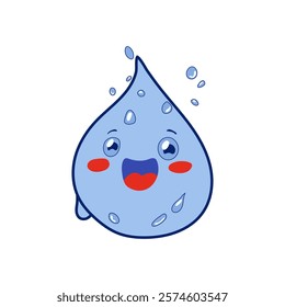 Water drop character in flat design. Funny mascot with excited emotion face. Vector illustration isolated.