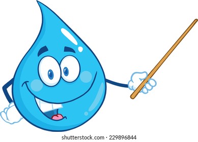 Water Drop Character Holding A Pointer. Vector Illustration Isolated On White Background