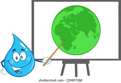 Water Drop Character Holding A Pointer Presenting On A Board Green Earth. Vector Illustration Isolated On White Background