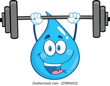 Water Drop Character Lifting Weights. Vector Illustration Isolated On White Background