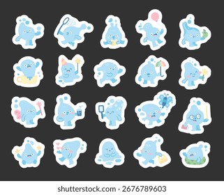Personagem gota d'água definido em estilo escandinavo mostrando emoções engraçadas enquanto diferentes poses sorrindo, saudação, lendo, dormindo, celebrando, nadando, ensinando e trabalhando