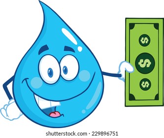 Water Drop Character Showing A Dollar Bill. Vector Illustration Isolated On White Background