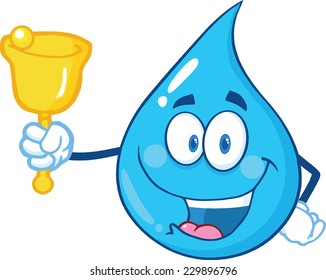 Water Drop Character Waving A Bell For Donation. Vector Illustration Isolated On White Background