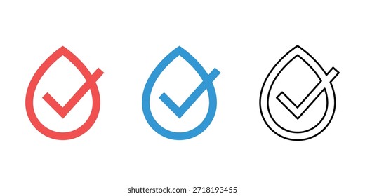 Gota de agua con el sistema del icono de la marca de control, símbolo líquido colorido de la marca de control de la gotita para el agua pura, servicio de la plomería, calidad del aceite, y logotipo respetuoso del medio ambiente ecológico aislado en el fondo blanco.