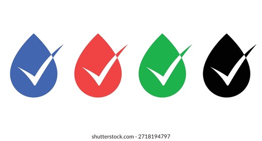 Gota de agua con el sistema del icono de la marca de control, símbolo líquido colorido de la marca de control de la gotita para el agua pura, servicio de la plomería, calidad del aceite, y logotipo respetuoso del medio ambiente ecológico aislado en el fondo blanco.
