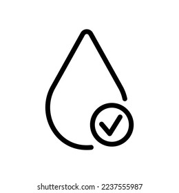 Water drop with checkmark line icon. Mark, water, rain, liquid, element, thin, oil, nature. H2O concept. Vector line icon on white background