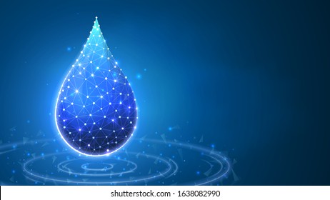 Water Drop, clean droplet of water with lines. Liquid concept. Abstract polygonal image on blue neon background. Low poly, wireframe digital 3d vector illustration