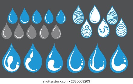 water drop clip-art, droplet,vector isolated drop set,water drop design,blue water design,black and white design