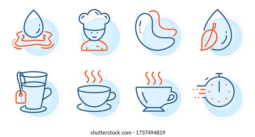 Water drop, Coffee and Cooking chef signs. Cappuccino, Cooking timer and Cashew nut line icons set. Tea, Water splash symbols. Espresso cup, Stopwatch. Food and drink set. Outline icons set. Vector