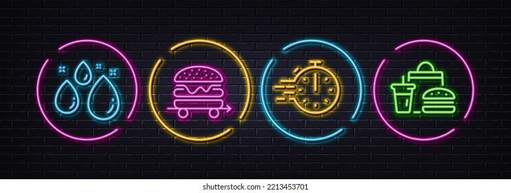 Water drop, Cooking timer and Food delivery minimal line icons. Neon laser 3d lights. Fast food icons. For web, application, printing. Aqua, Stopwatch, Burger. Meal order. Neon lights buttons. Vector