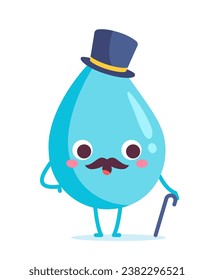 Water drop cute character. Aqua and liquid shape. H2O person in hat with stick. Facial expressions and emotions. Fantasy and imagination. Cartoon flat vector illustration isolated on white background