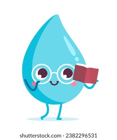 Water drop cute character. Aqua and liquid shape. H2O person with book. Facial expressions and emotions. Template and layout. Cartoon flat vector illustration isolated on white background