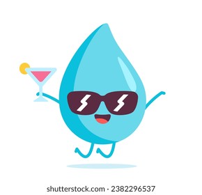 Water drop cute character. Aqua and liquid shape. H2O person with sunglasses. Facial expressions and emotions, gestures. Cartoon flat vector illustration isolated on white background