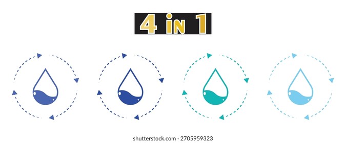 Water Drop Cycle Icon 4 em 1 Set, Símbolo de Reciclagem de Pureza da Água